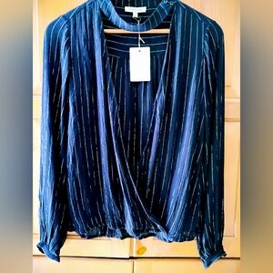 NWT Skye's Blue Wrap waist blouse Dark Blue and Silver threads Size Small